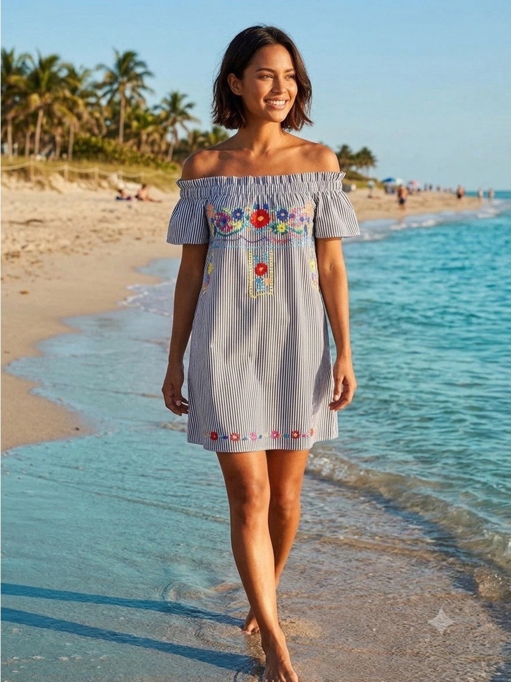 Signature 8 Navy & White Pinstripe Flower Embroidered Dress Off The Shoulder (M)